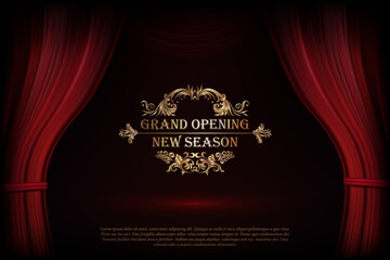 Vector Premium red curtains in theater or opera. Dark red curtain scene gracefully with simple text. Elegance vector backdrop for poster. Classic podium