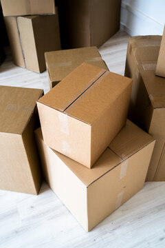 Stack of cardboard boxes at new house