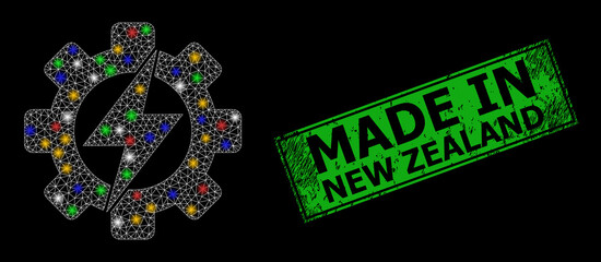Glowing mesh network electrical industry with vibrant lightspots, and grunge Made in New Zealand stamp. Green stamp seal has Made in New Zealand tag inside framed rectangle.