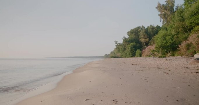 Kn&auml;b&auml;ckshusen Beach With Ocean Waves In The Summer Morning and a Forest, &Ouml;sterlen South Sweden Sk&aring;ne, Wide Shot Handheld
