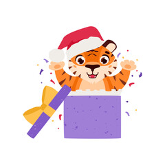 A cheerful tiger jumps out of a gift box, around confetti. The symbol of the Chinese New Year. Cartoon animal. Eastern calendar for 2022. Chinese horoscope. Vector illustration.