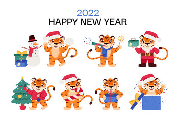 Cheerful tiger is the symbol of the Chinese New Year. Cartoon animal. Eastern calendar for 2022. Chinese horoscope. Vector illustration.