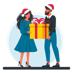 man and woman holding a large gift box wearing Santa Claus hats. Christmas and NewYear. Happy smiling man and woman carry a large gift box. Bonus or special offer. Present. Modern vector illustration.