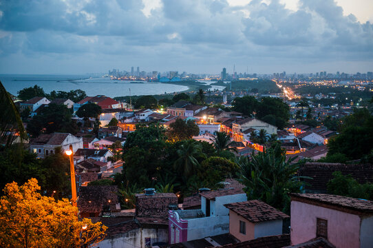Overlook at sunset over the colonial town of Olinda with Recife in the background, Pernambuco, Brazil