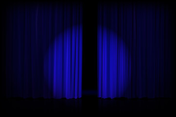 Opened silky luxurious blue curtain stage backdrop with backlight. Ajar theater curtains. Vector gradient illustration - 462777315