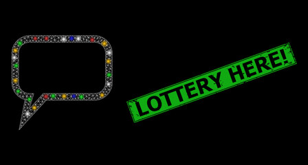 Glowing mesh network blog message with vibrant glowing spots, and grunge Lottery Here! stamp. Green stamp seal includes Lottery Here! title inside framed rectangle.