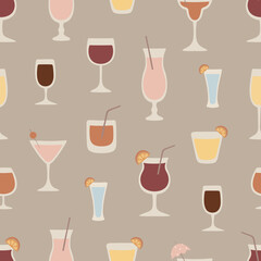 Seamless pattern with different cocktails. Wine, champagne, vodka, margarita, martini. Vector illustration for printing on fabric, wallpaper, clothes
