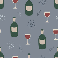 Seamless pattern with a bottle of wine and a glass. Vector illustration for printing on fabric, wallpaper, clothes