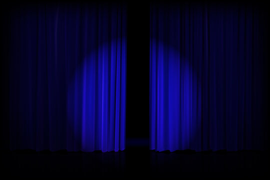 Opened silky luxurious blue curtain stage backdrop with backlight. Ajar theater curtains. Vector gradient illustration