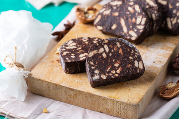 Traditional homemade Italian dessert - christmas chocolate salami
