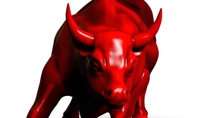 Red painted bull sculpture. Sculpted casting depicting a bull in dramatic contrasting light representing financial market trends under white background. 3D illustration. 3D high quality rendering.