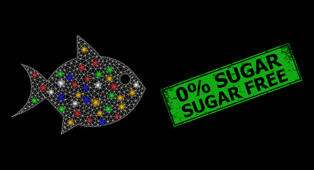 Glare mesh network fish with multicolored lightspots, and grunge 0% Sugar Free seal stamp. Green seal includes 0% Sugar Free caption inside framed rectangle.