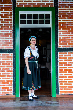 Traditional dressed woman in the German town Pomerode near Blumenau, Brazil