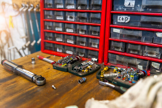 Bicycle shop, workbench with tools