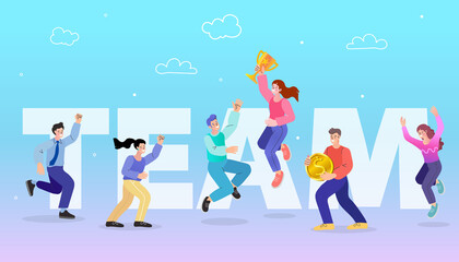 Fototapeta premium Group of colleagues jumping with joy holding a prize cup and finance coin. Vector design about winning, corporate bonuses, and successful partnership.