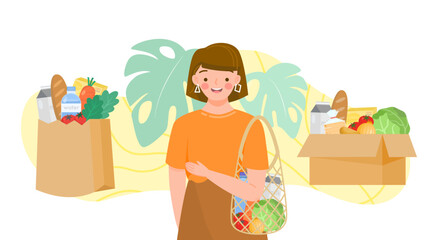 Girl holding  bag with green grocer. Set of reusable bags and cardboard box of fruits, vegetables, milk, bread. Food products in reuse eco and paper package.Organic products from farm.