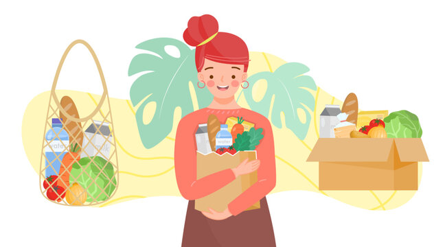 Girl holding paper bag with green grocer. Set of reusable bags and cardboard box of fruits, vegetables, milk, bread. Food products in reuse eco and paper package.Organic products from farm.