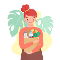 Girl holding paper bag with green grocer. Reusable bags of fruits, vegetables, milk, bread. Food products in reuse eco and paper package.Organic products from farm.