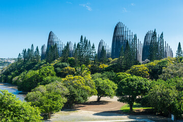 View of Jean-Marie Tjibaou Cultural Centre against blue sky at sunny day, Noumea, New Caledonia