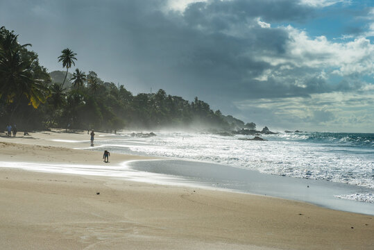 Scenic view of waves splashing at shore against cloudy sky, Trinidad and Tobago, Caribbean