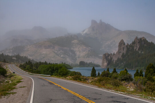 Fog above craggy hills, Road of the Seven Lakes, Argentina, South America