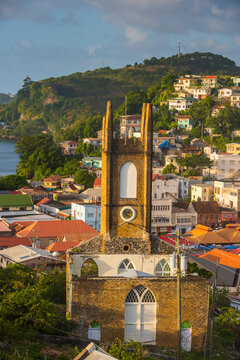 Aerial view of buildings in St. George's town against sky, Grenada, Caribbean