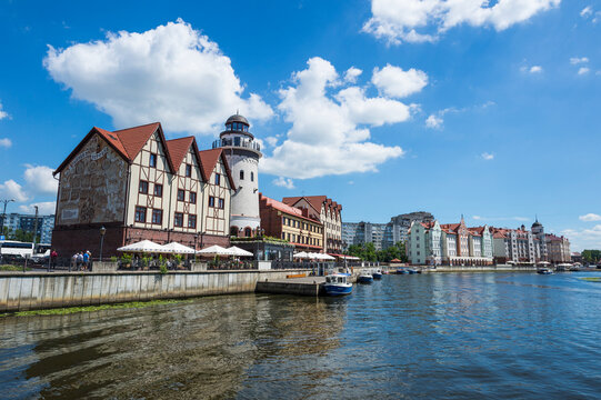 Fishing Village along Pregel river against sky, Kaliningrad, Russia