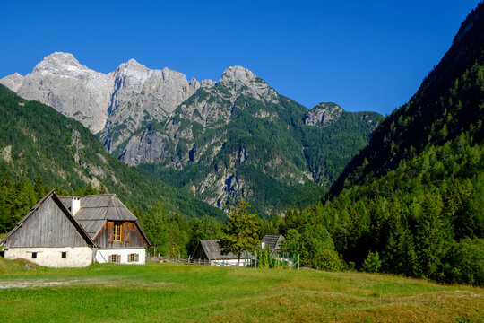 Slovenia, Soca Valley, near Trenta, Triglav National Park, mountain pasture and huts