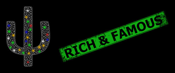 Flare mesh net Psi Greek lowercase symbol with multi colored light dots, and grunge Rich & Famous seal stamp. Green seal includes Rich & Famous title inside framed rectangle.