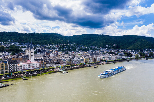 Aerial view of cruise ship on Rhine river against cloudy sky at Boppard, Germany