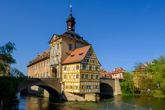 Old city hall and Obere Bruecke at Regnitz, Bamberg, Bavaria, Germany