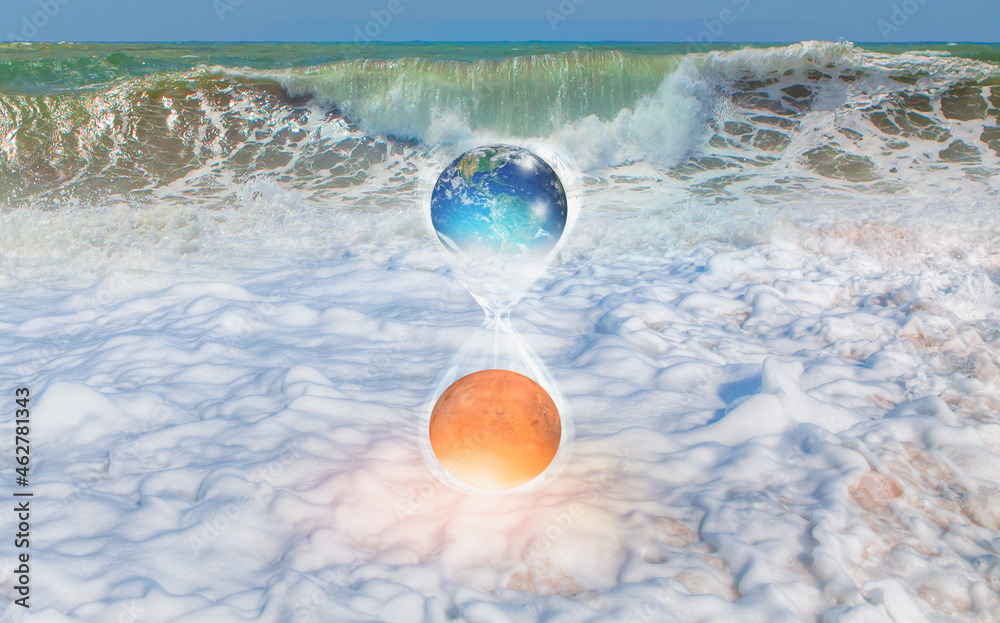 Aufkleber global warming concept - planet earth is becoming a dead planet like mars is covered with sea - hour