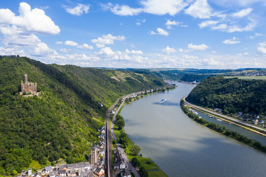 Aerial view of Maus Castle by Rhine river in Wellmich against sky, Germany