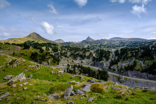 France, Pyrenees-Atlantiques, Scenic view of Col de la Pierre Saint-Martin mountain pass in summer