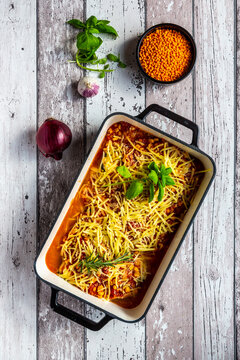 Aubergine lasagne in a casserole