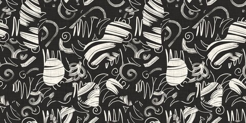 Seamless two tone hand drawn brushed effect pattern border swatch. High quality illustration. Collage of minimal drawings arranged in a seamless pattern with fabric texture overlay. Rough scribble.