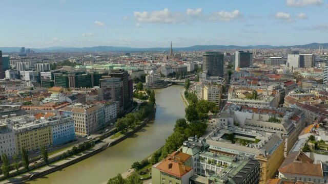 Scenic Aerial View of Danube Canal in Vienna, Austria. Summer