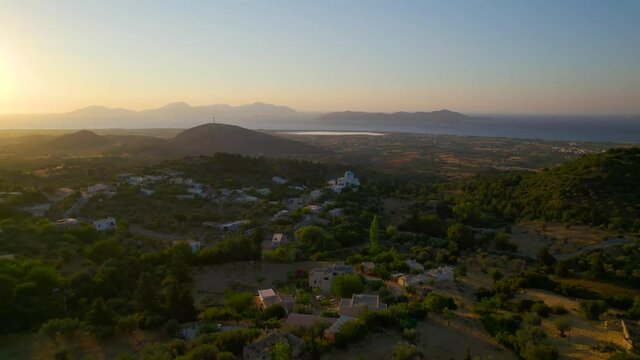 Aerial view of sunset over Greek countryside, Kos, Greece