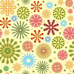 Festive background. Square Seamless pattern. Bright flashes of fireworks in a symbolic style. Petard and squib. Flat design. Cartoon style. Vector