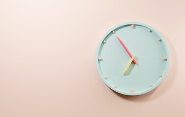 Office clock icon. Round business blue watches with time arrows hour and minutes, clock face on pink background, design element for web design, 3D rendering illustration