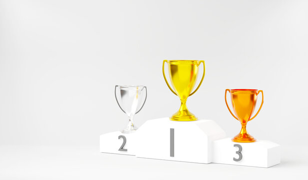 White winner podium, gold, silver and bronze trophy cup on prize podium for the champions, pedestal for award ceremony on white background, Stage for awards ceremony, 3D rendering illustration