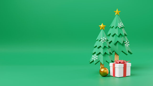 Merry Christmas and Happy New Year on green background space for text, Decorated Christmas tree with star, gift boxes and balls in cartoon style, Winter holiday season icon, 3D rendering illustration