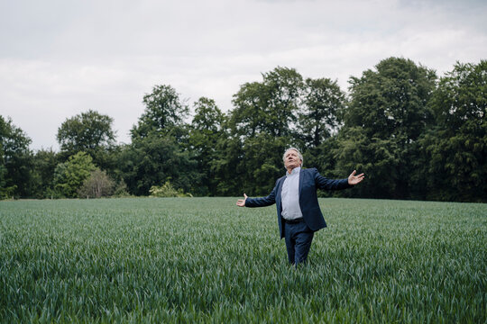 Senior businessman standing on a field in the countryside with outstretched arms