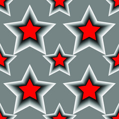 Red stars on a gray background, abstract 3d design, seamless pattern, vector illustration