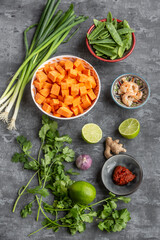 Ingredients of sweet potato soup with  shrimps