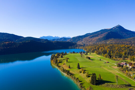 Germany, Bavaria, Upper Bavaria, Aerial view of Walchensee with Zwergern peninsula