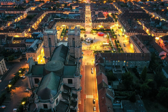 France, Grand Est region, Vitry le Francois, Town square illuminated at night