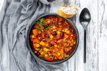 Overhead view of bowl of vegetarian chili con carne