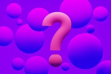 Three dimensional render of question mark surrounded by purple spheres