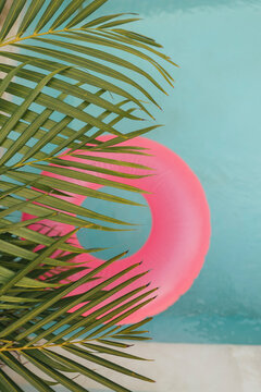 Palm leaf and pink inflatable ring in swimming pool